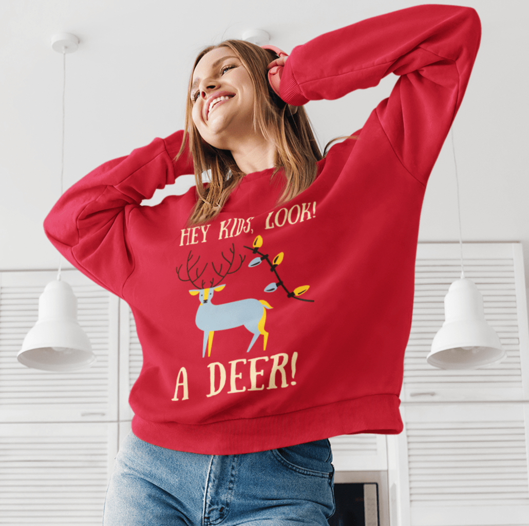 Woman in custom boyfriend sweater with deer